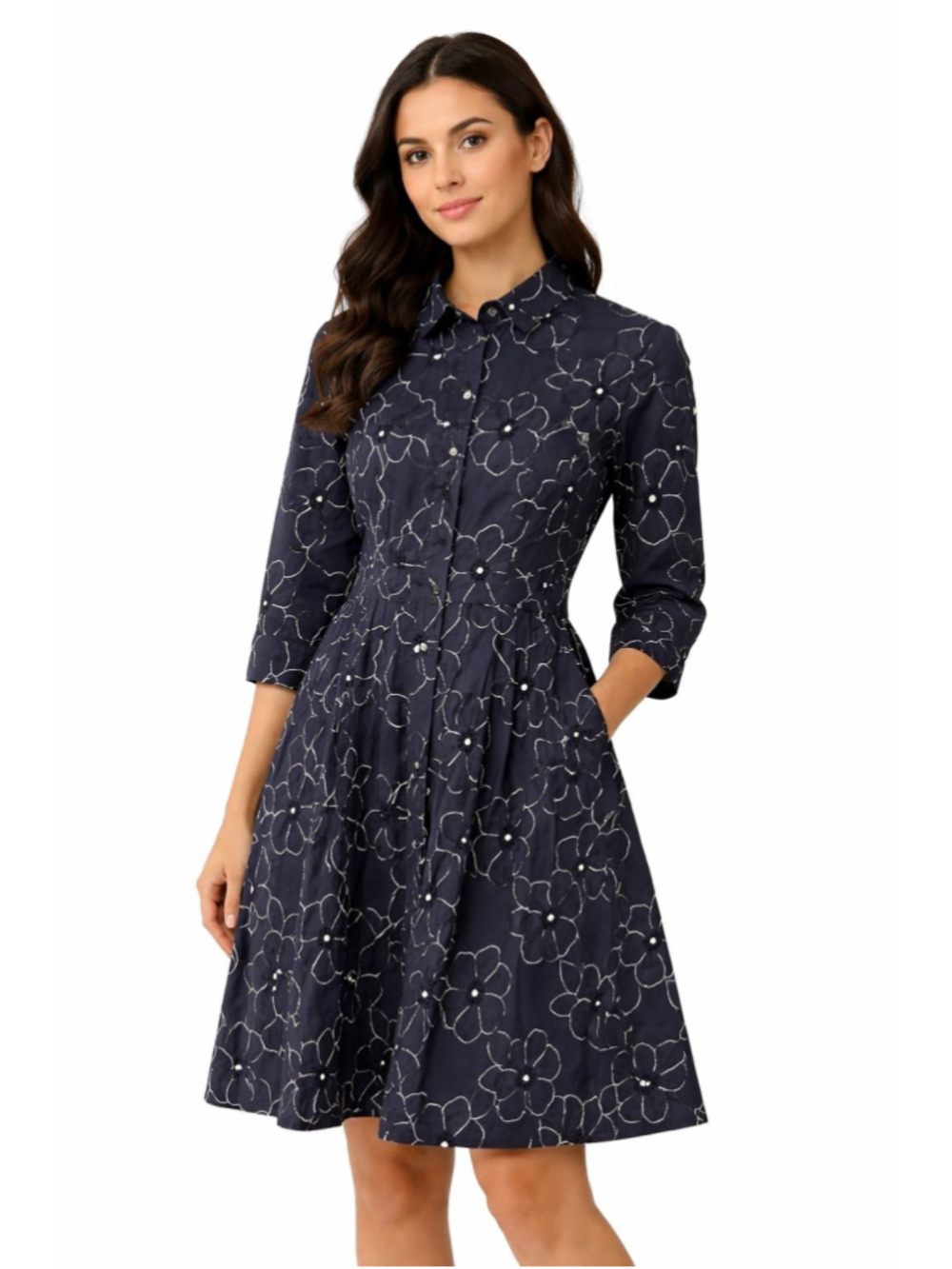 ROSSO35 EMBROIDERED SHIRT NAVY BLUE FLORAL DRESS